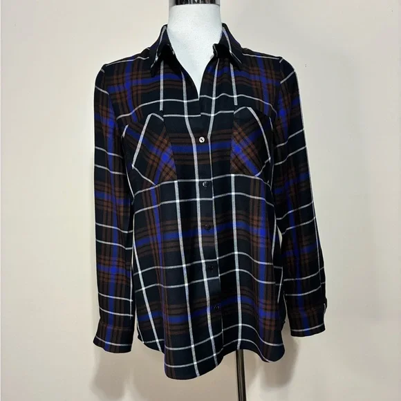 L'AGENCE Denise Plaid with Back Sheer Black Silk Contrast Shirt - Picture 1 of 6